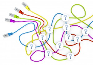 Limerick  undissolved nodes 3d graphic with unresolved question icon nodes in network cable chaos